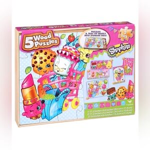 NEW SHOPKINS Factory Sealed Wood Puzzles 5-Puzzle Pack. 5-Pack and Tray